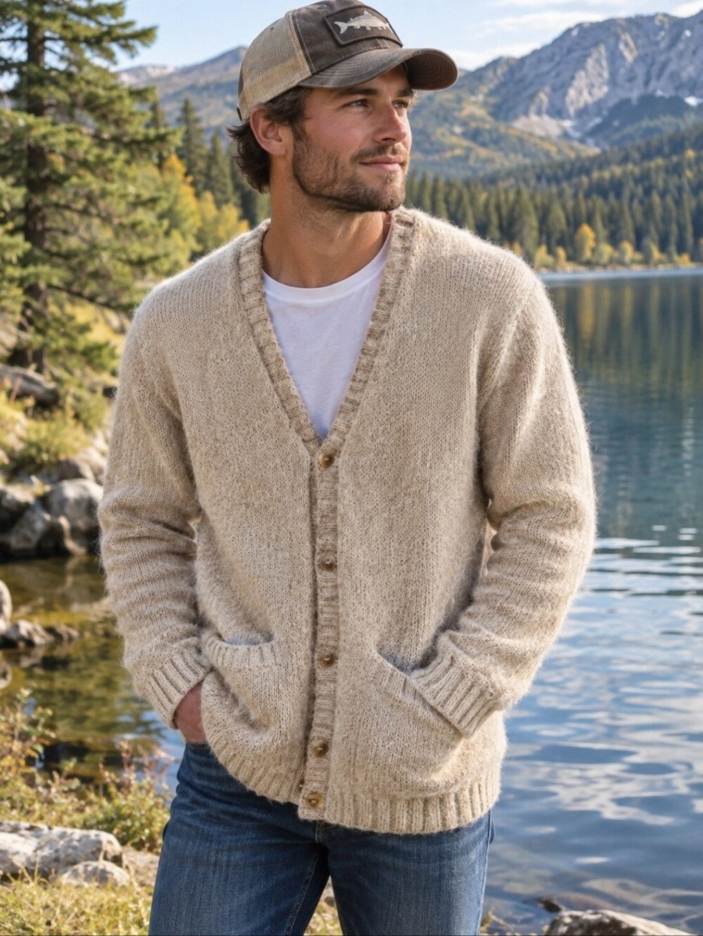 INDUSTRY OF ALL NATIONS Undyed 100% Alpaca Fuzzy Knit Brown Cardigan Size Large